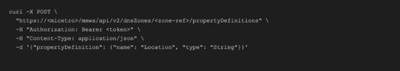 cURL POST request example creating a property definition with authorization header and JSON body