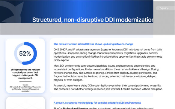 BlueCat DDI modernization summary with 52 percent statistic on organizations citing network challenges
