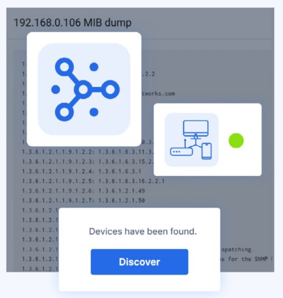 Network device discovery interface showing MIB dump details and notification that devices have been found