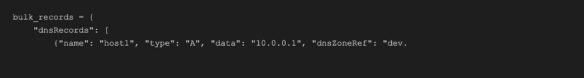 Code snippet defining a bulk_records dictionary with a single A-type dnsRecords entry