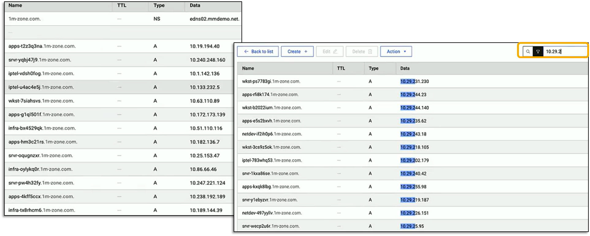 Side-by-side DNS record tables with names, TTL, types, IP addresses, and highlighted IP filter box