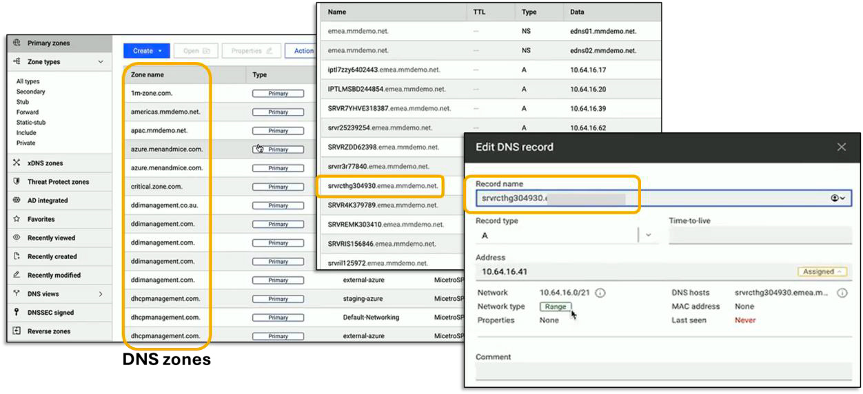 BlueCat interface listing DNS zones and editing a specific DNS A record details