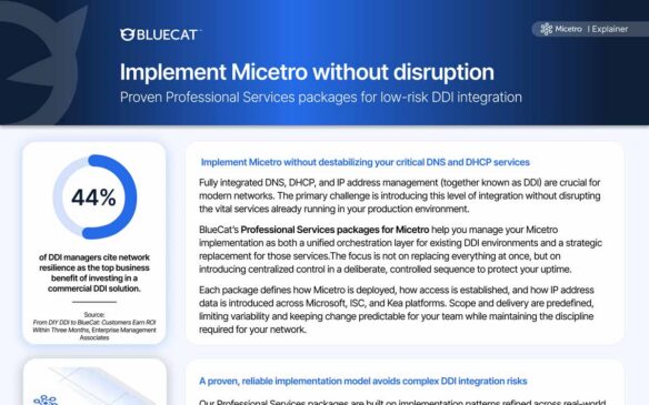 BlueCat marketing slide about implementing Micetro without disrupting DNS, DHCP services and DDI integration risks