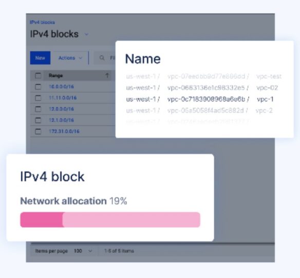 Interface displaying IPv4 block ranges, network locations, and a progress bar showing 19 percent allocation