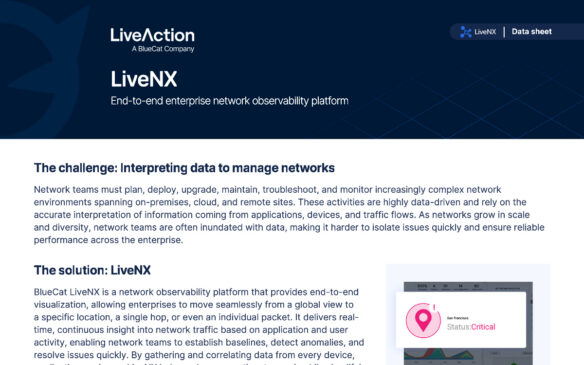 LiveNX marketing page highlighting network observability platform challenge and solution with partial dashboard screenshot