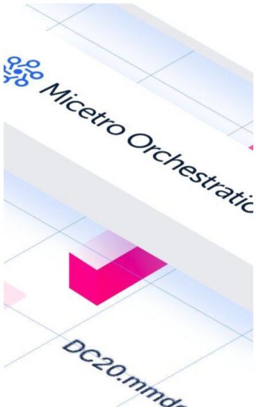 Micetro Orchestration branding with abstract 3D blocks and grid layout