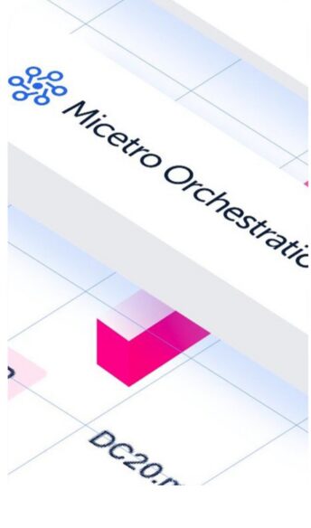 Micetro Orchestration interface with highlighted pink checkmark on a grid layout