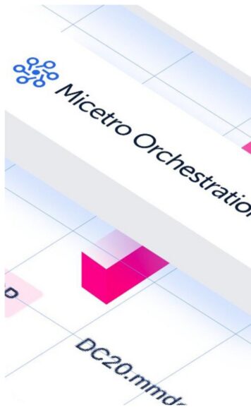 Micetro Orchestration branding over a stylized grid with pink checkmark and technical labels
