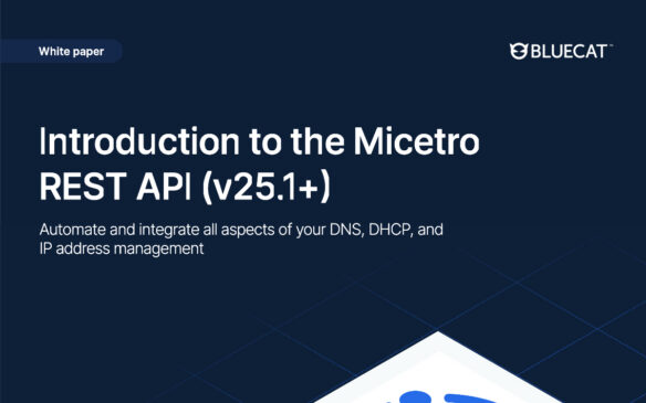 BlueCat white paper cover introducing Micetro REST API v25.1+ for DNS, DHCP, and IP address management