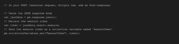 JavaScript snippet in Postman scripts tab to parse response and save session bearer token variable