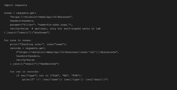 Python script snippet querying DNS zones and records via HTTP API with JSON responses