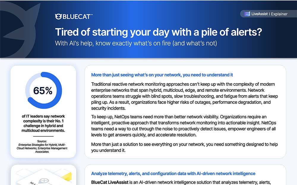 BlueCat banner with headline about alert fatigue, 65% donut stat, and paragraph about AI-driven NetOps visibility and monitor