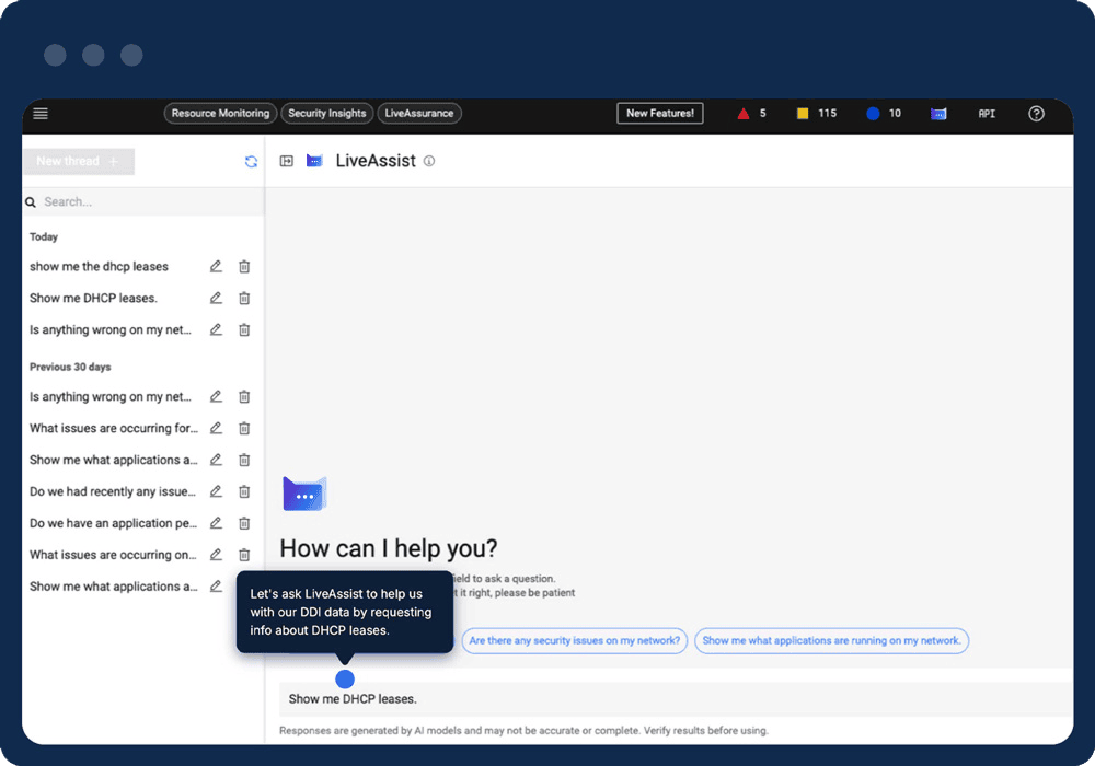 LiveAssist chat UI with "How can I help you?" prompt, suggestion chips and sidebar list of DHCP-related queries