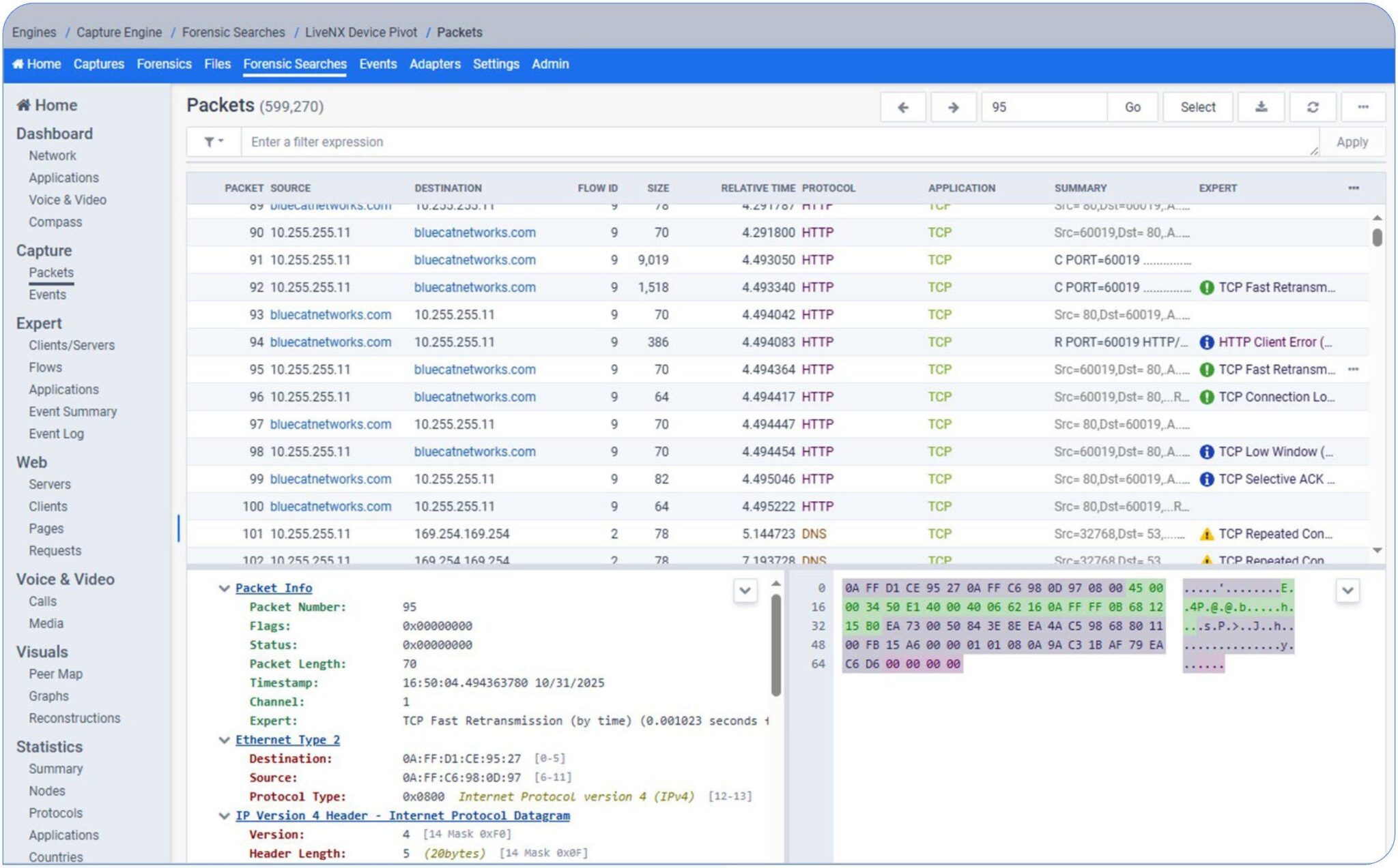 Live packet capture interface showing HTTP and TCP traffic details with packet list, metadata, and hex viewer