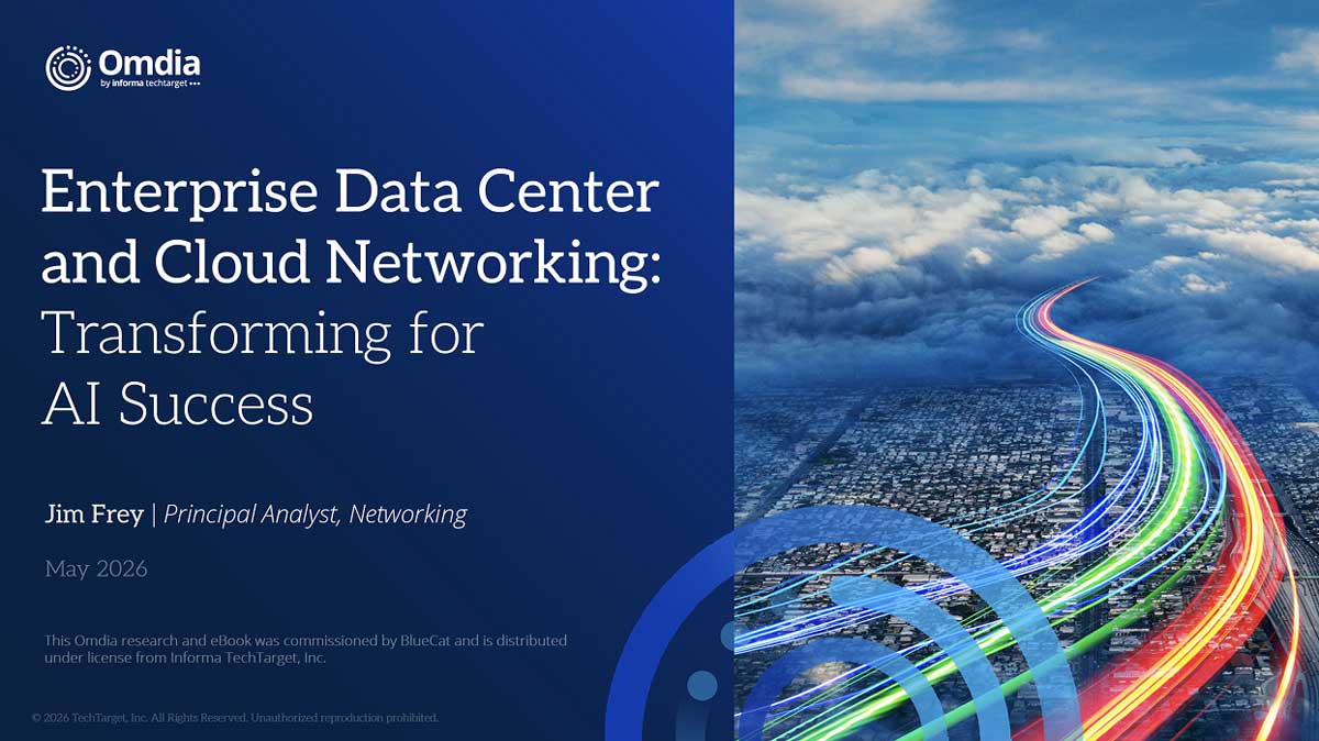 Omdia report cover on enterprise data center and cloud networking for AI, with multicolored data highway leading to a city