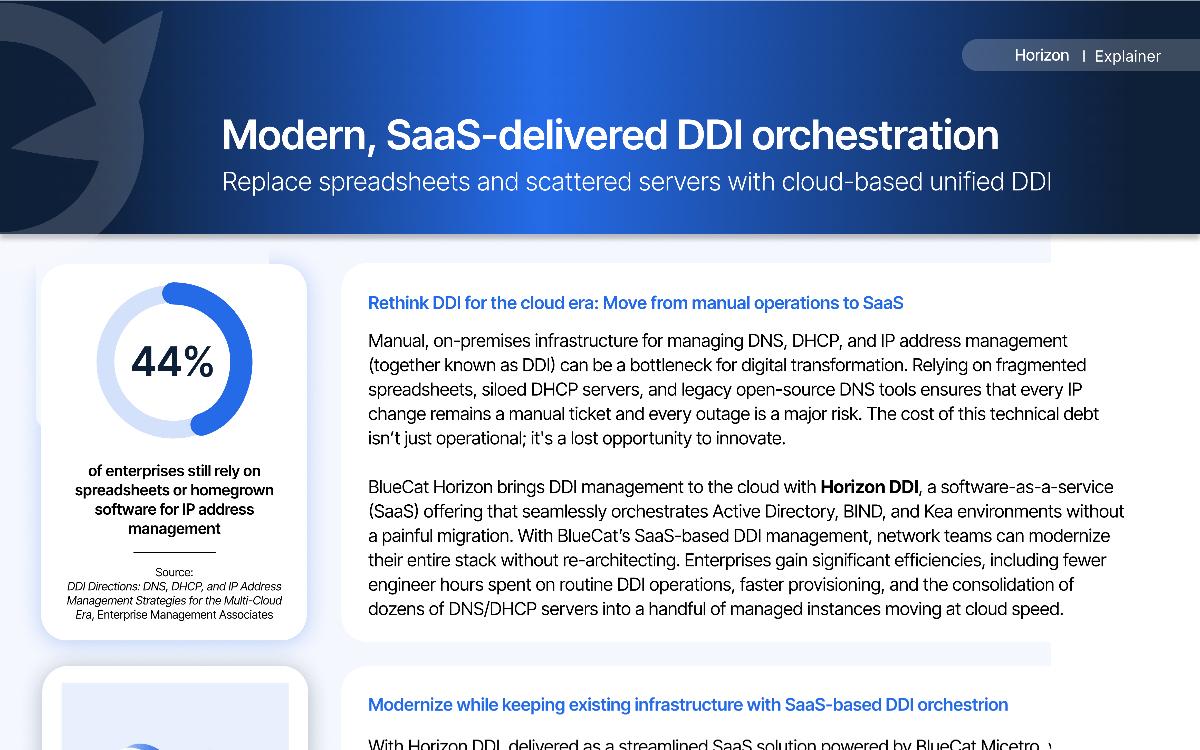 Marketing explainer for modern SaaS-delivered DDI orchestration with statistic on spreadsheet reliance and benefits summary