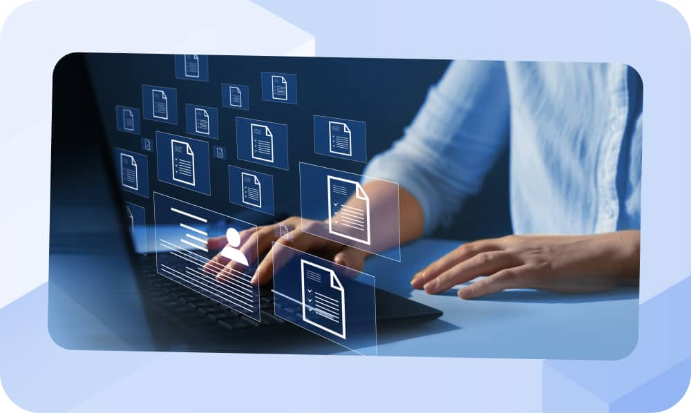 IT admin at laptop with floating document icons, symbolizing Windows Server DNS and Active Directory networking configuration