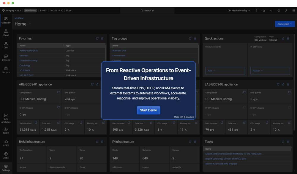 BlueCat Integrity dashboard with modal promoting shift from reactive DNS operations to event-driven infrastructure