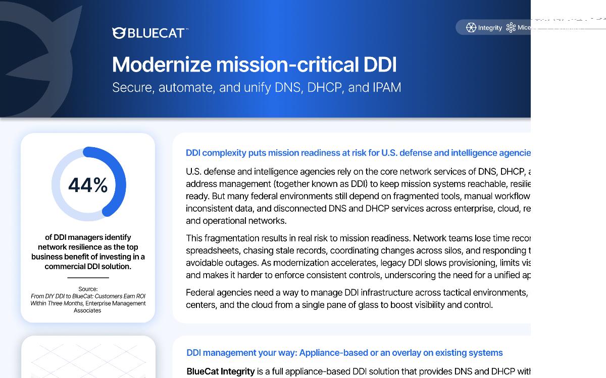 BlueCat marketing page highlighting DDI mission readiness risks and a 44 percent statistic for U.S. defense managers