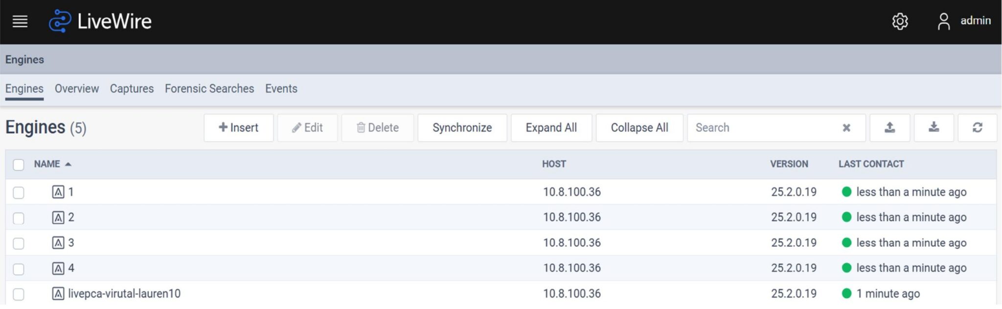 LiveWire interface listing engines with host, version, last contact status, and management controls