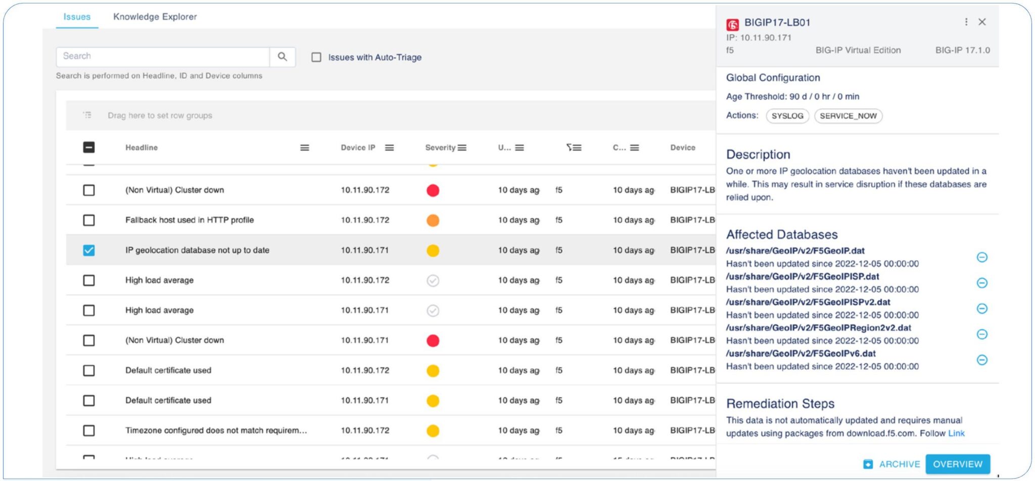BlueCat Knowledge Explorer UI showing device issues, auto-triage alerts, and remediation details for a selected incident