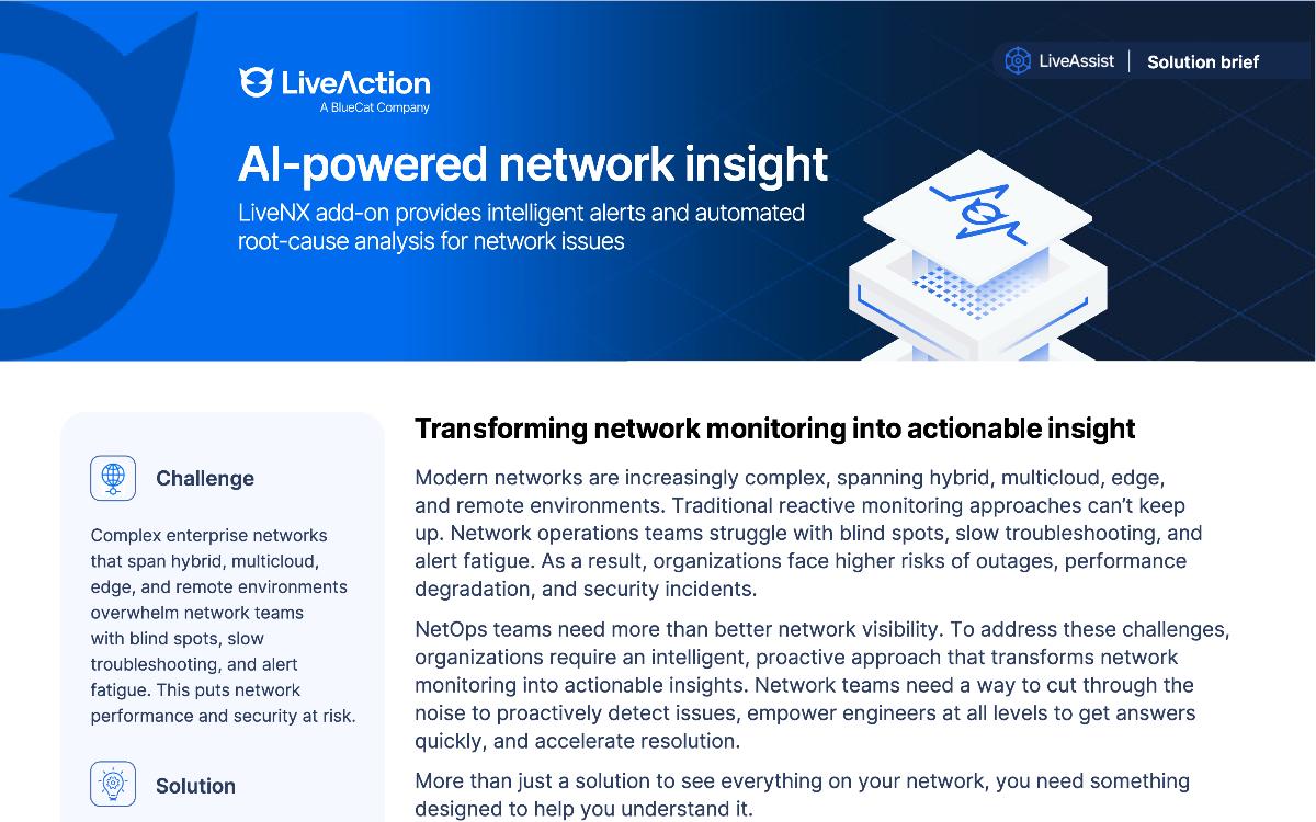 LiveAction AI-powered network insight solution overview with challenge, solution, and transforming network monitoring text