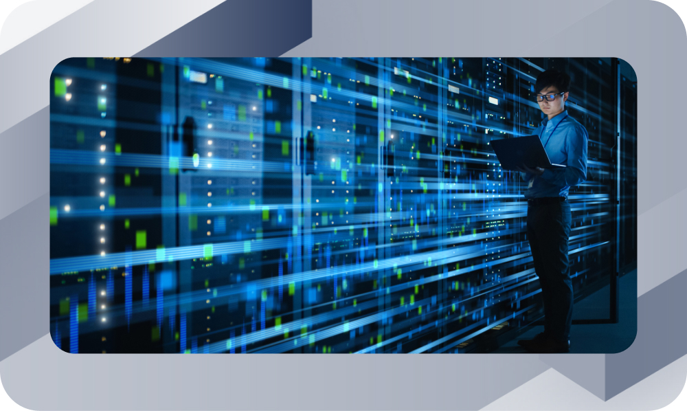 Network engineer reviewing LiveNX flow and telemetry data visualized across server racks in a hybrid multicloud environment