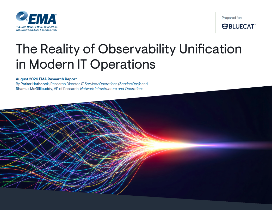 Report cover slide for EMA research on observability unification, with converging data light streams and BlueCat branding
