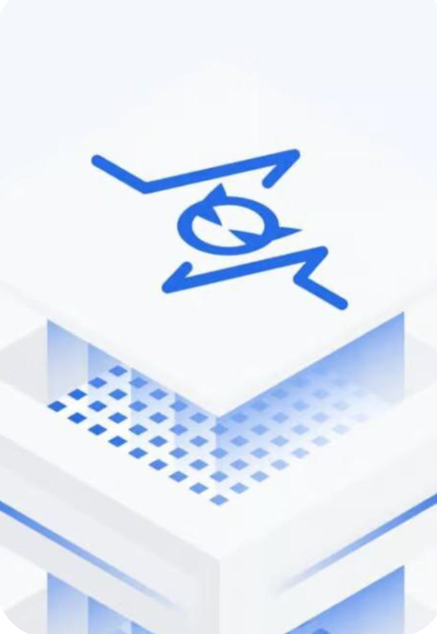 Abstract BlueCat graphic with stacked white layers and blue network symbol above a dotted grid