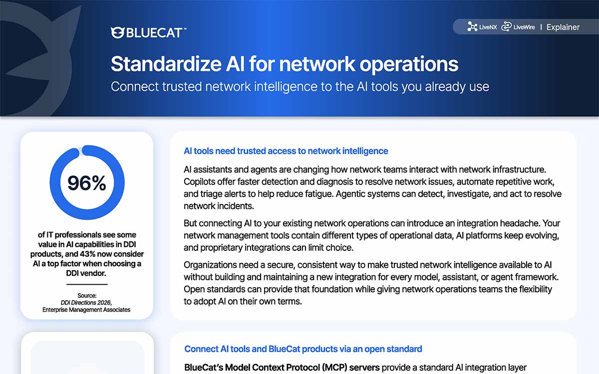 BlueCat webpage explaining standardized AI for network operations with stats and sections on trusted network intelligence int